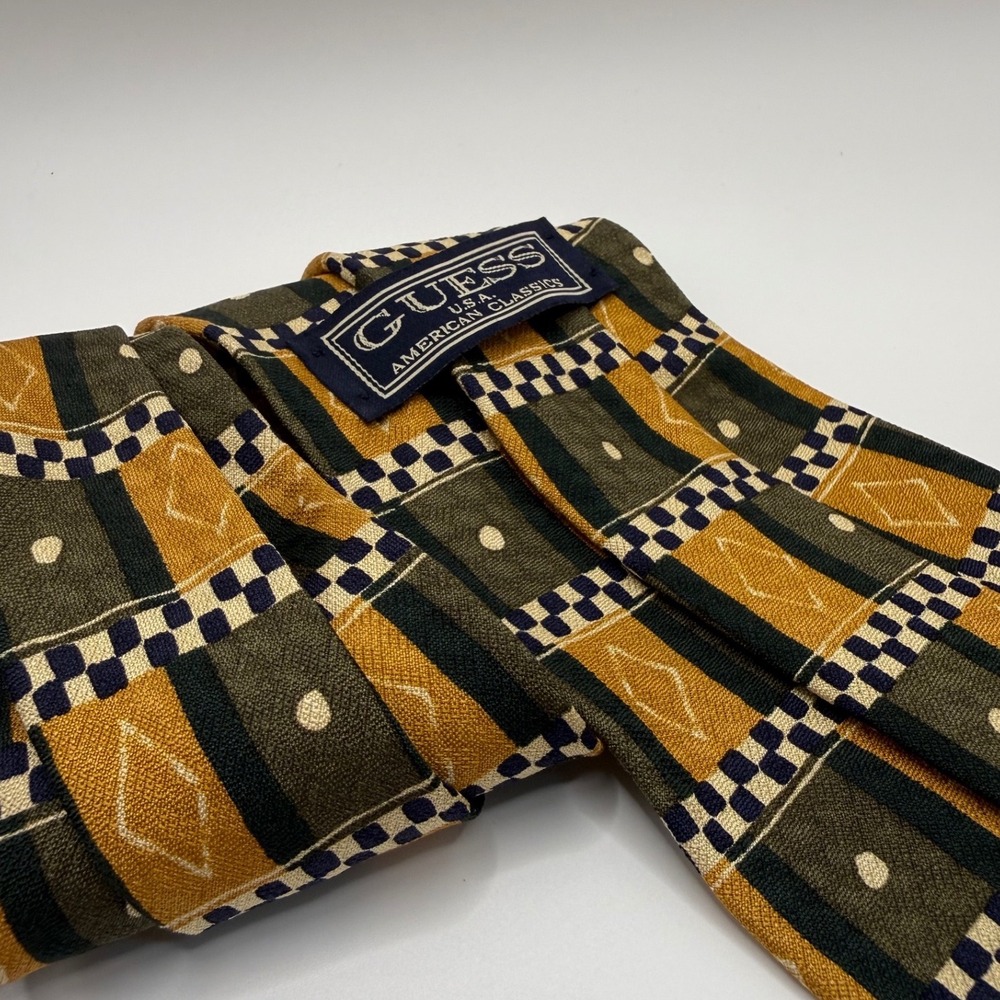 Guess Silk Tie OS Vintage 90s Geometric Diamond Checkered Mustard Olive Navy - Picture 4 of 7